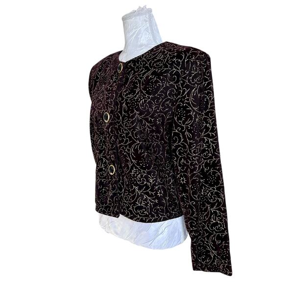 Vintage Maroon Velour Gold Glitter Jacket Women Sz Medium 90s Sparkle Christmas - Picture 16 of 16